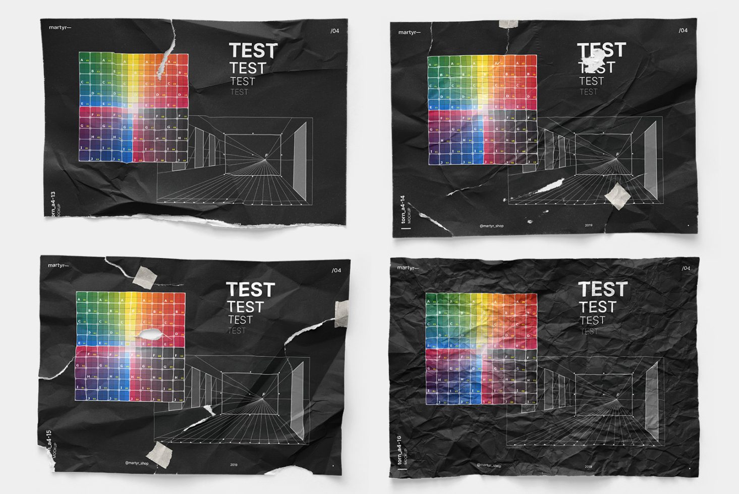 Crumpled paper mockups with colorful test print graphics and geometric shapes, showing texture details, ideal for presenting branding designs.