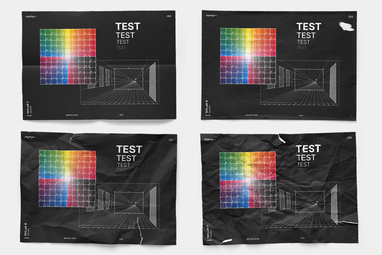 Four crumpled posters mockup with colorful grids and perspective design layouts on dark background, ideal for presentation displays.