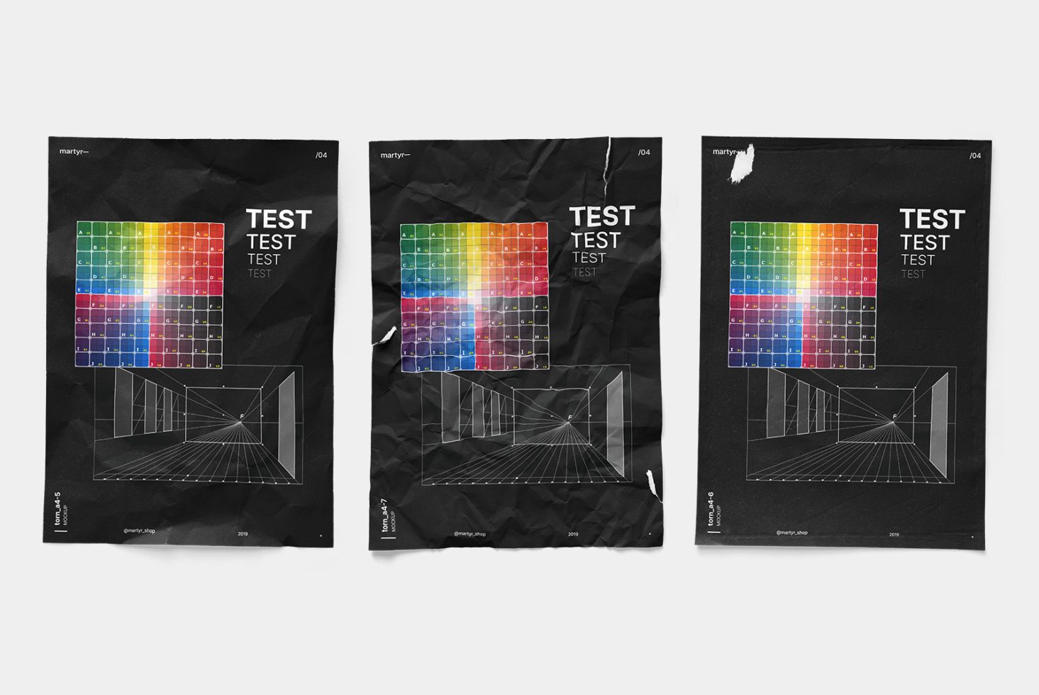 Three poster mockups with colorful graphics and perspective grid, modern design print template for portfolio display.