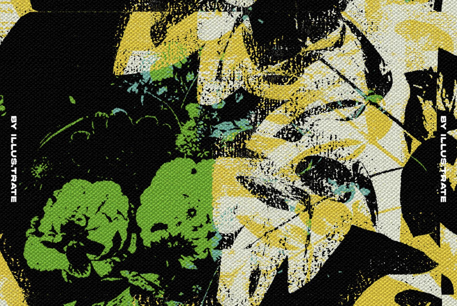 Abstract digital art with floral patterns and geometric shapes in yellow, green and black, ideal for graphics or poster design templates.