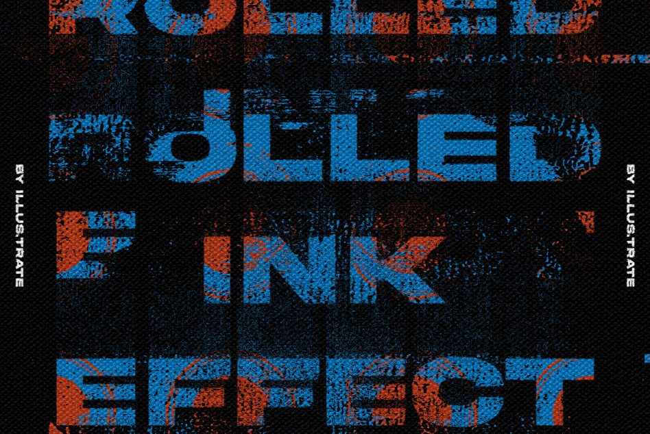 Distressed rolled ink text effect graphic with vibrant blue and red on black, ideal for eye-catching designs in posters, ads, or apparel.