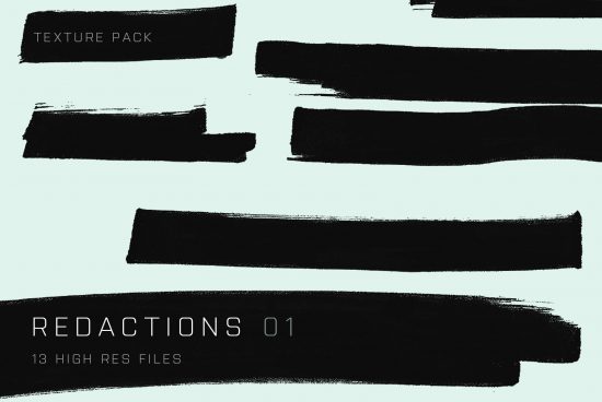 Black brush stroke textures pack for graphic design, titled REDACTIONS 01, featuring 13 high-resolution files, useful for creating digital mockups.