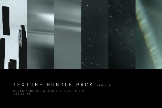 Texture bundle pack preview with various monochrome high-resolution surfaces including redactions, glass, and dust effects for graphic design.