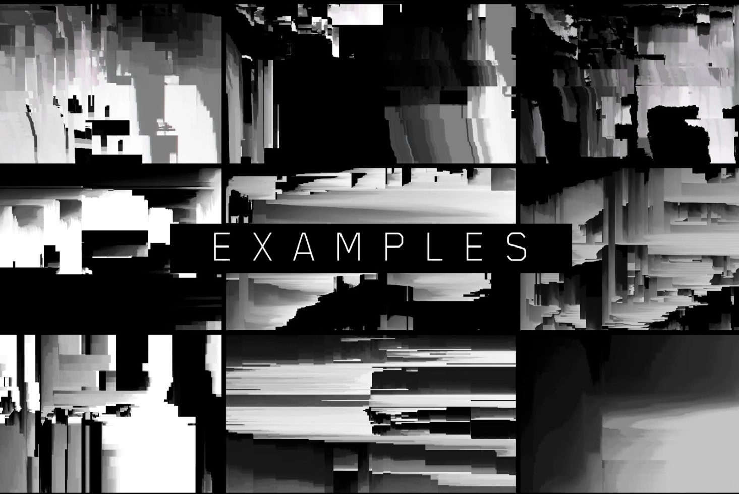 Glitch art graphics template with abstract monochrome pixel distortions and the text "Examples" ideal for modern design projects.