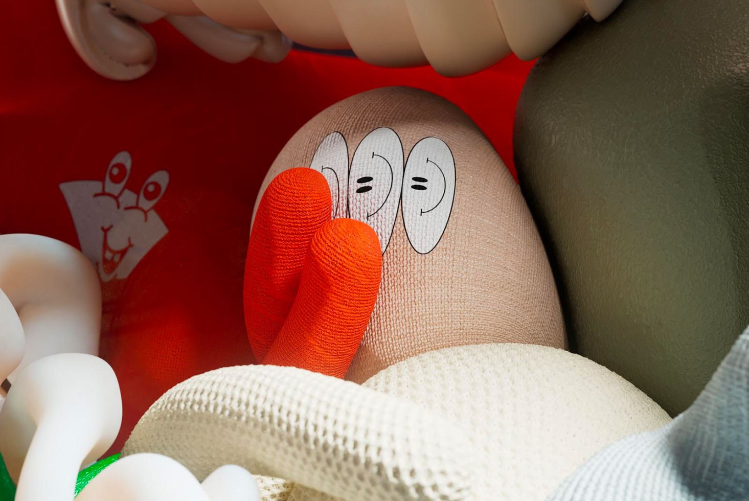 Close-up of cute illustrated faces on human knees, creative design concept for clothing and character mockups.