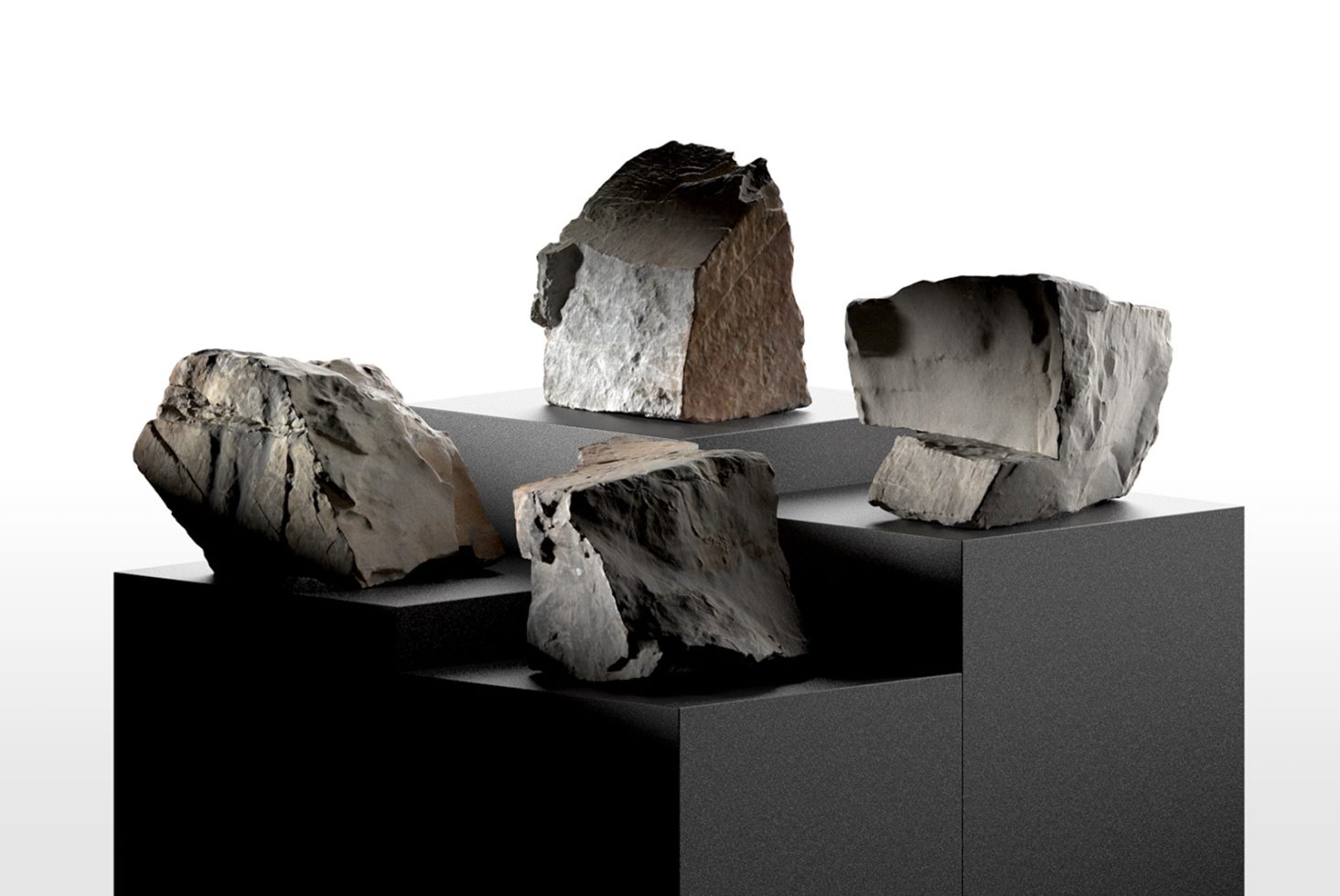 Realistic 3D rendered stones on geometric plinths for mockup graphics, ideal for product display and design assets.