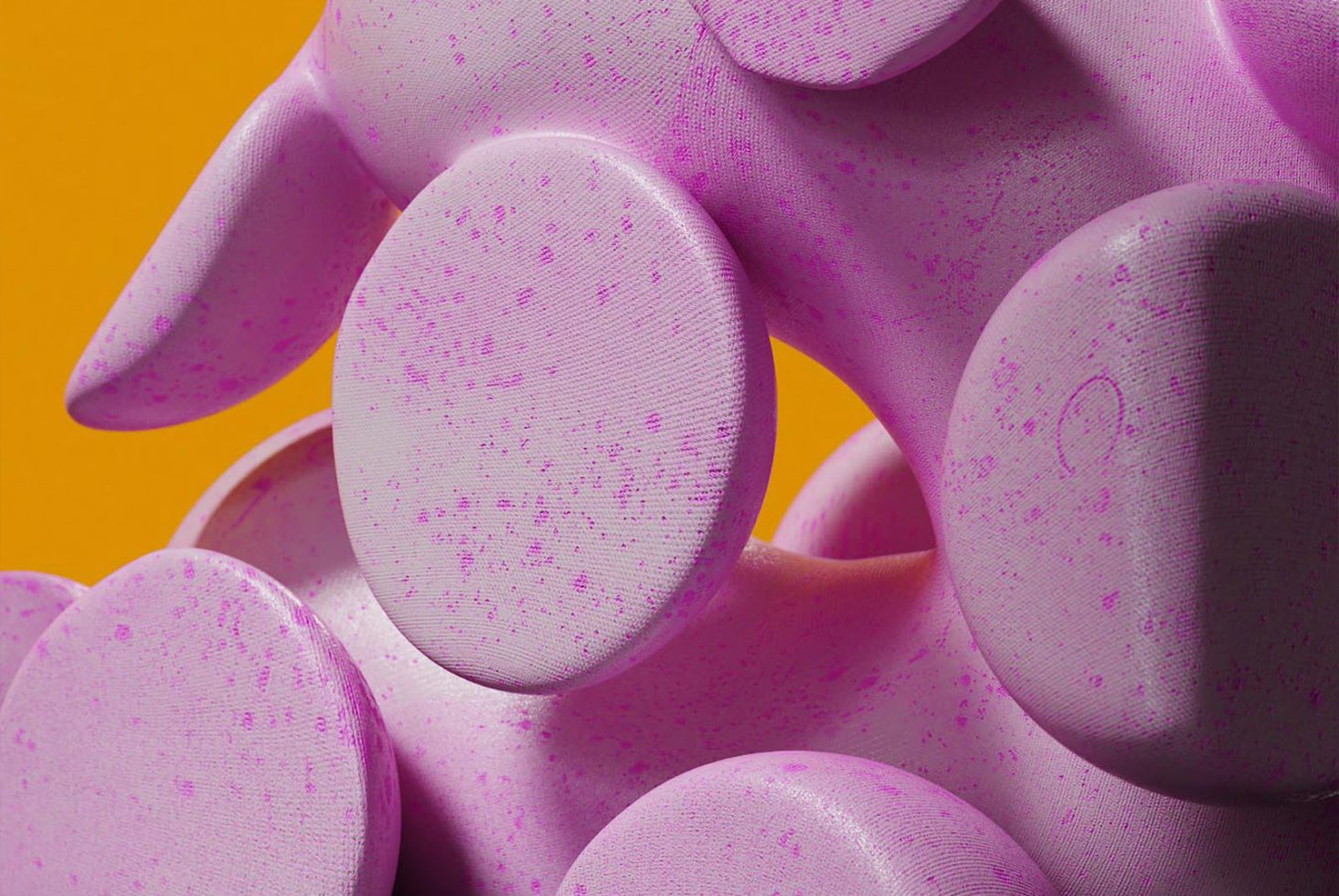 3D abstract purple bubble shapes with a textured surface on a yellow background, digital asset for graphic design and visual creativity.