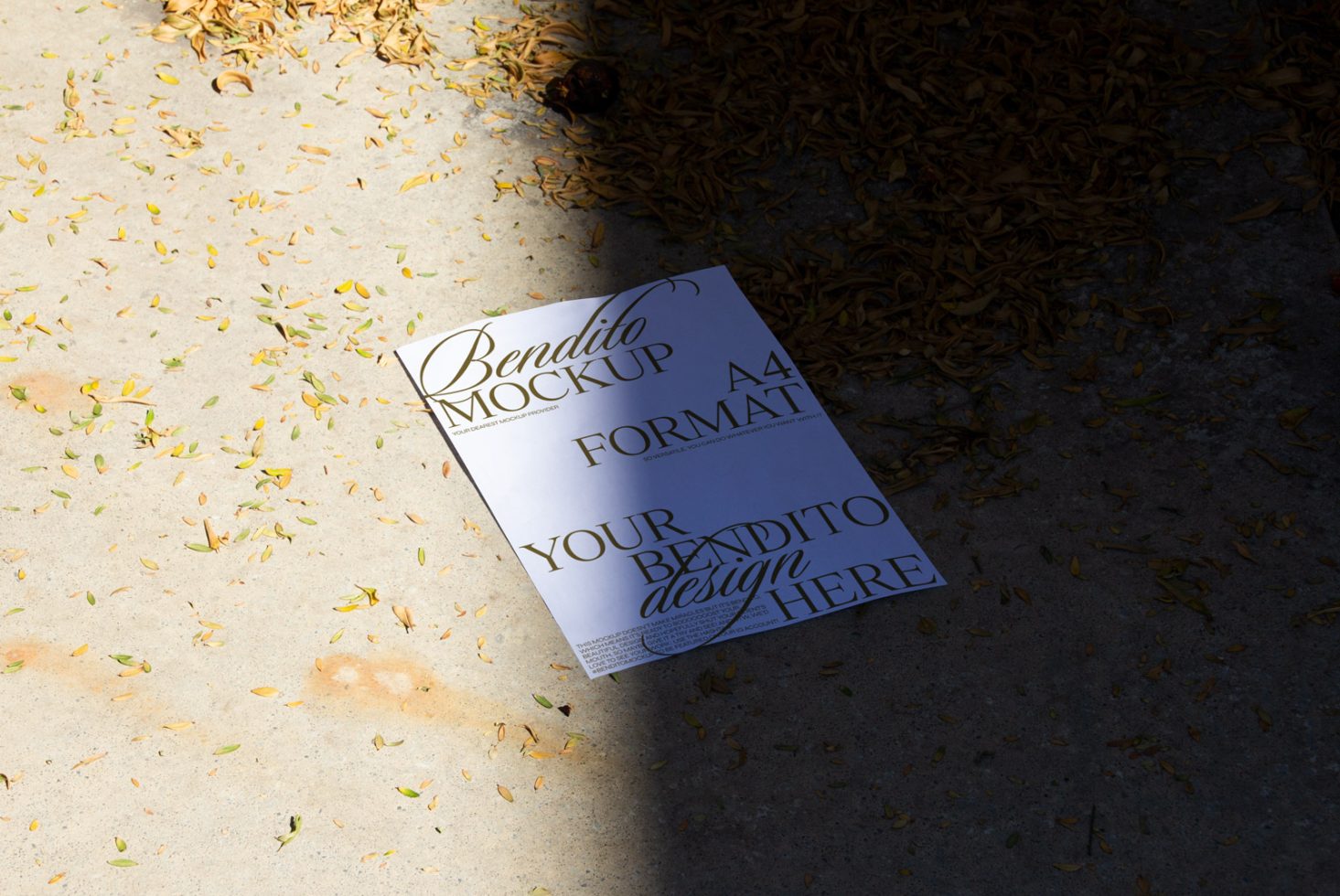 A4 paper mockup with custom text lying on concrete surrounded by scattered leaves, highlighting design presentation.