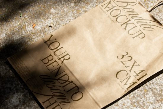 Brown paper bag mockup with realistic shadows and textured overlay, displaying elegant typography design, suitable for graphics and templates.