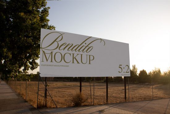 Outdoor billboard mockup in a natural setting during sunset for advertising presentations, showcasing fonts and graphic designs.