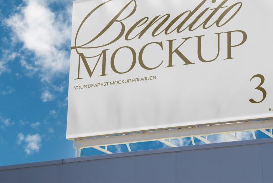 Elegant billboard mockup with stylish gold script on white banner against a blue sky with clouds, perfect for presentations and advertising designs.