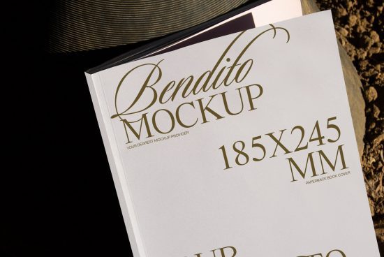 Elegant book cover mockup featuring Bendito Mockup design for designers, size 185x245 mm, paperback book cover, ideal for presentations.