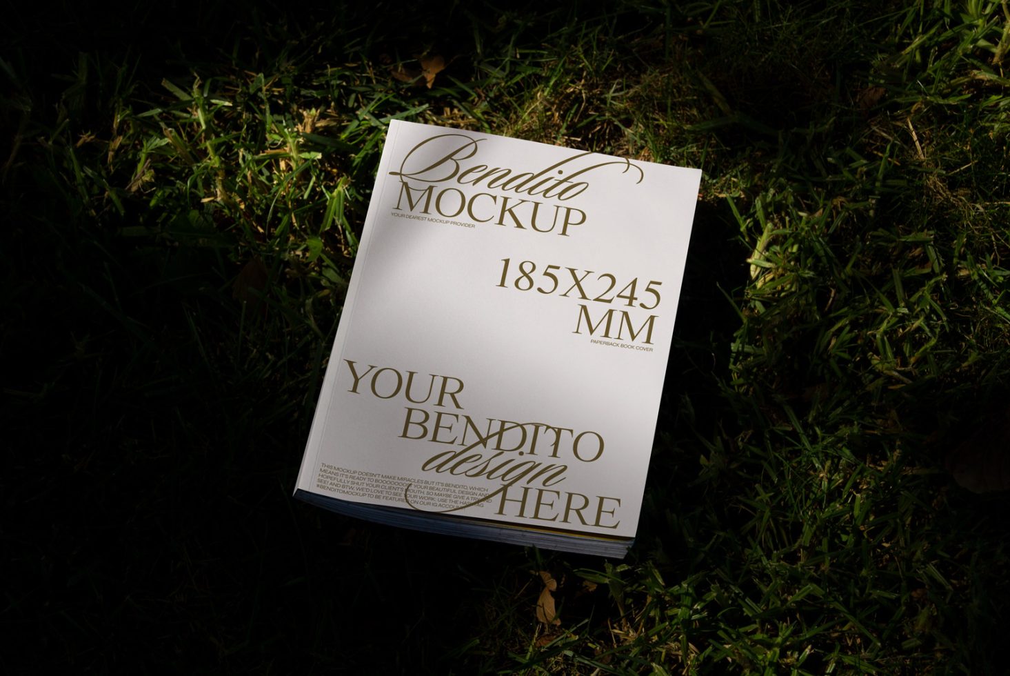 Elegant magazine mockup design on grass, showcasing customizable cover, 185x245 mm dimensions, for design presentations.