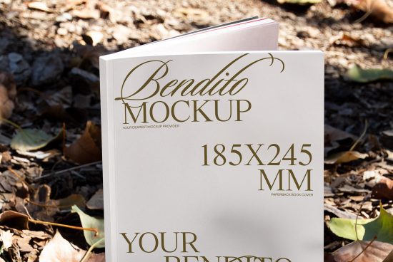 Book mockup lying on forest floor with elegant font, showcasing dimensions 185x245 mm, perfect for designers' presentations.