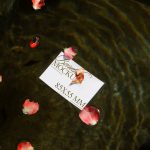 Business card mockup floating on water with ripples surrounded by rose petals, natural lighting, water texture, realistic presentation.