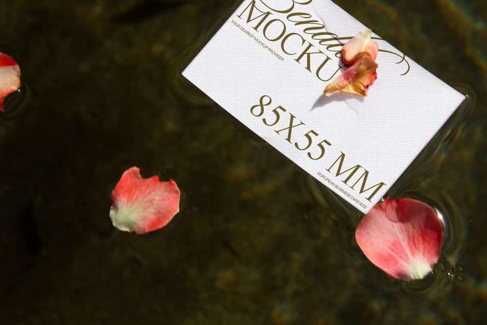 Business card floating on dark water with red rose petals scattered around