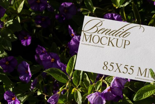 Business card mockup with elegant script typography held against a background of vibrant purple flowers, ideal for designers looking for stationery presentation.