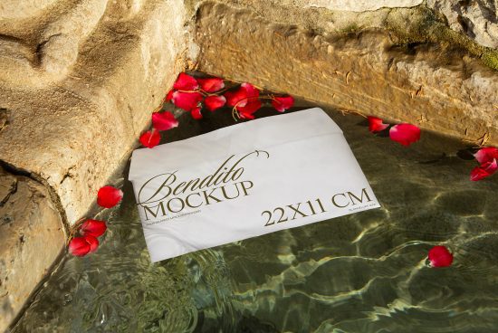 Elegant paper mockup floating in clear water with rose petals, showcasing 22x11 cm design space, ideal for presentations by graphic designers.