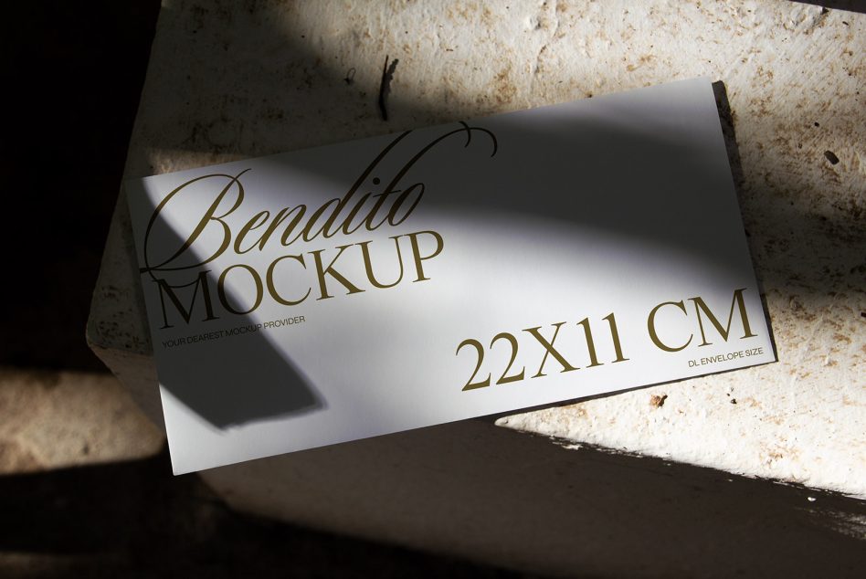 DL envelope mockup on industrial stone surface with hard sunlit shadows