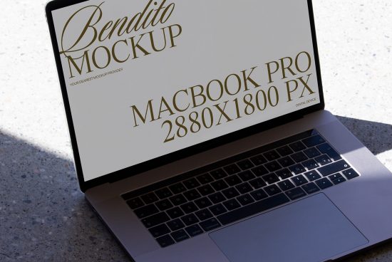 Laptop displaying high-resolution Bendito Mockup design, featuring stylish typography on screen, suitable for Mockups and Templates category.