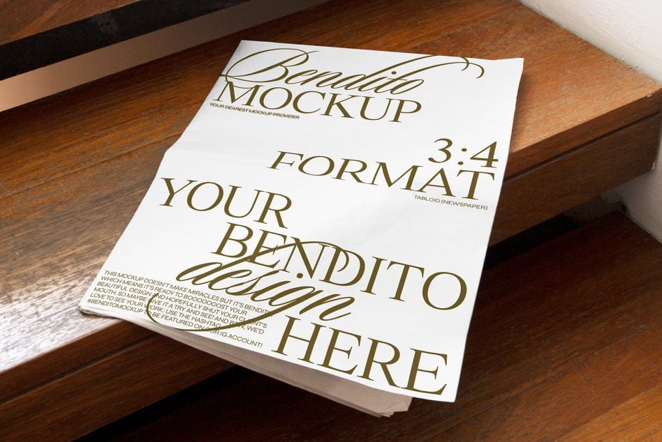 Bendito 3:4 format tabloid mockup laying flat on wooden steps with decorative text