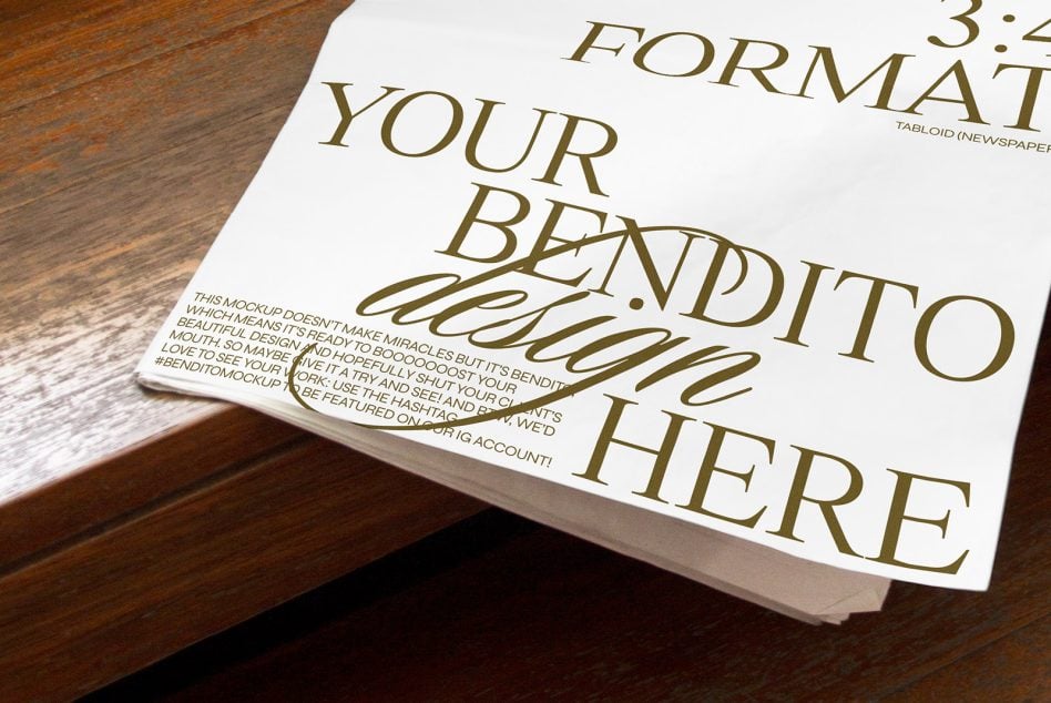 Closeup of Bendito mockup showing elegant gold lettering on cream paper stock