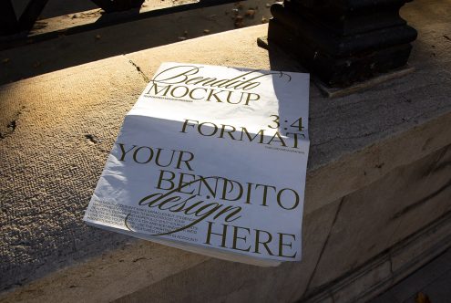 Elegant outdoor poster mockup on textured stone surface in sunlight for showcasing graphic designs or advertising, realistic 3:4 format.