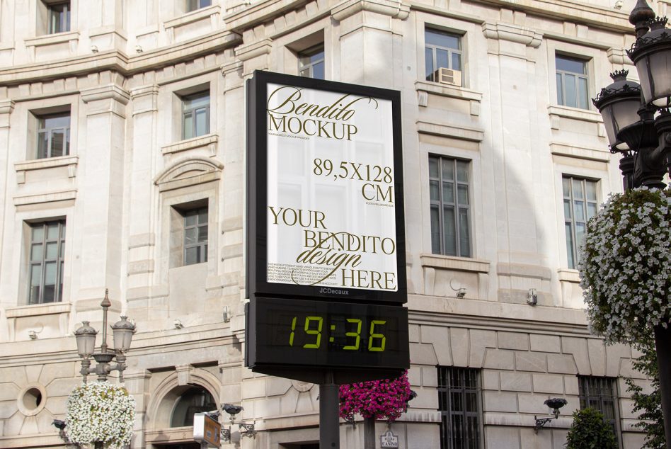 Urban street advertisement billboard mockup displayed on a pole with editable design space and digital clock, ideal for designers to showcase work.