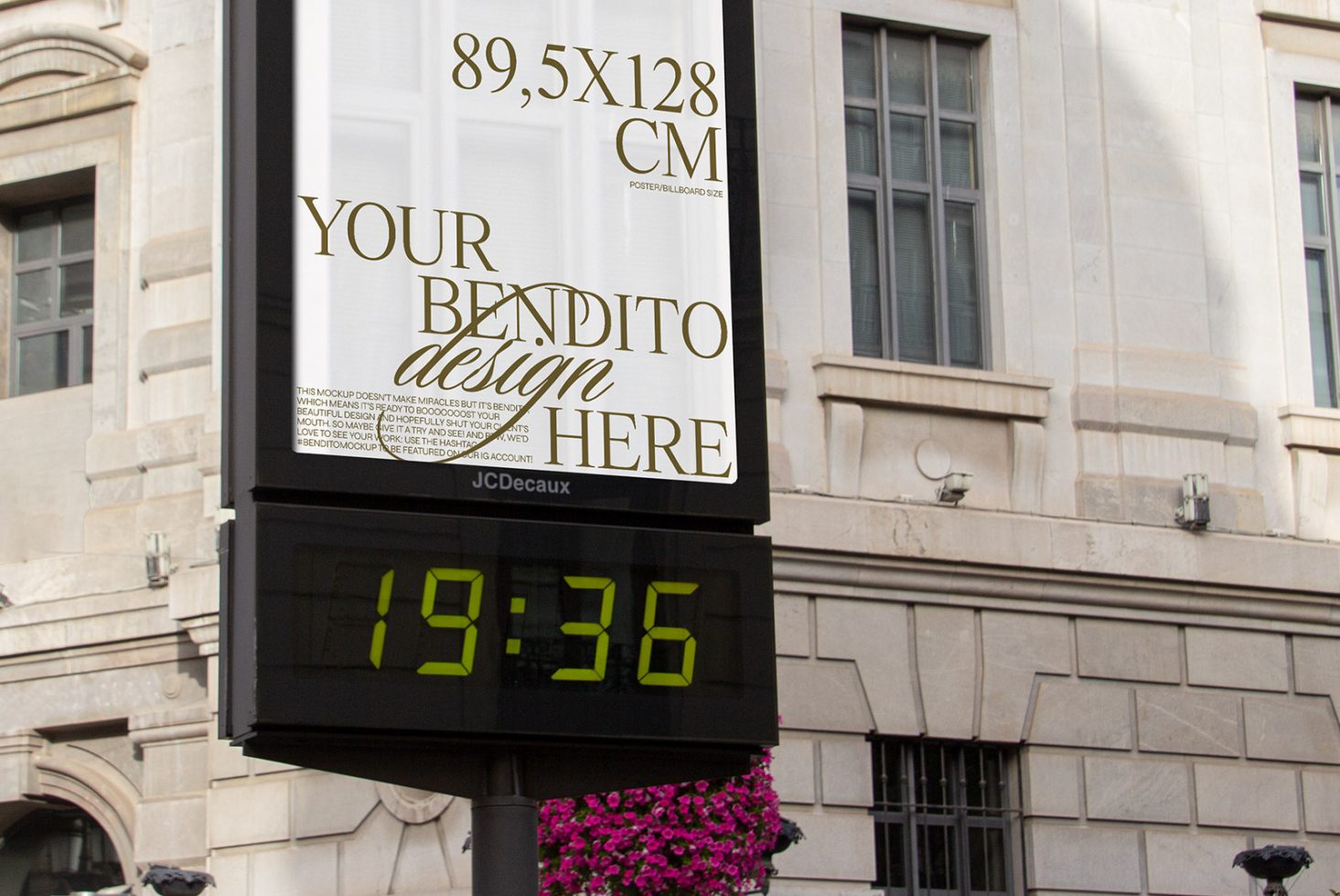 Urban billboard mockup on street for outdoor advertising design presentation, with digital clock and placeholder text.