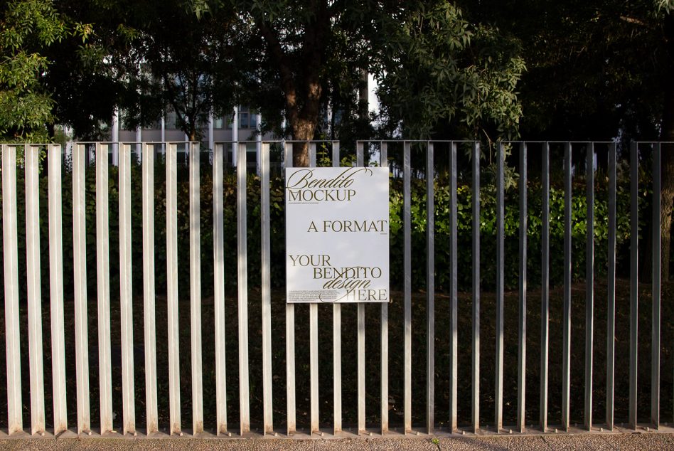 Outdoor poster mockup on metal fence, clear design display, editable template, realistic graphic presentation, professional designer asset.