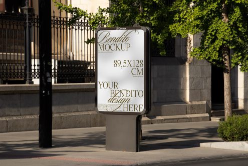 Outdoor billboard mockup in an urban setting, showcasing a customizable advertising space with trees and shadows, ideal for design presentations.