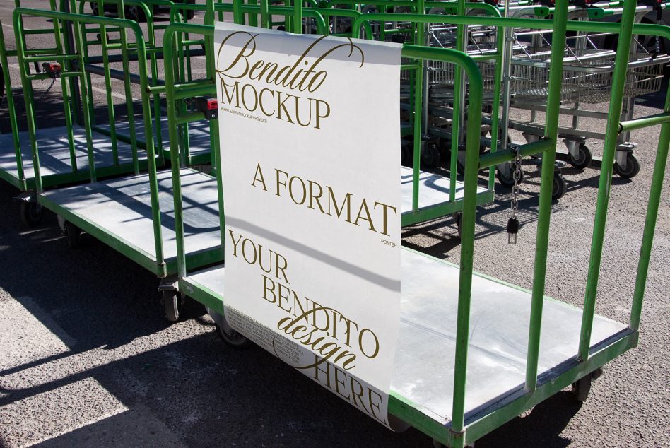 Bendito poster displayed on green metal cart in daylight showing front angle view