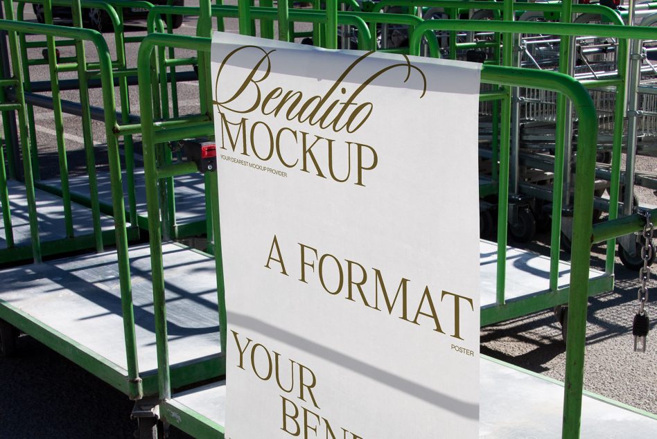 White poster mockup on green metal cart frame in outdoor parking lot with hard shadows