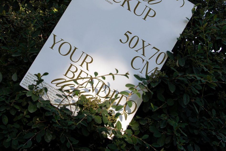 White poster with gold lettering surrounded by green foliage, angled in natural sunlight