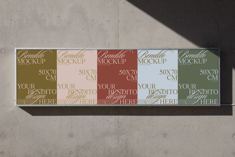 Five horizontal poster mockups spanning concrete wall with soft color palette