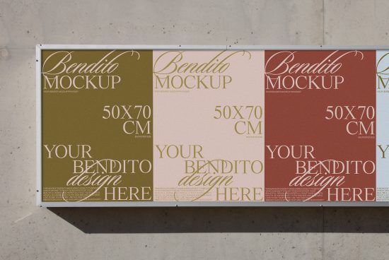 Poster mockups displayed on concrete wall with customizable design space in earth tones for graphic presentations and portfolio showcases.