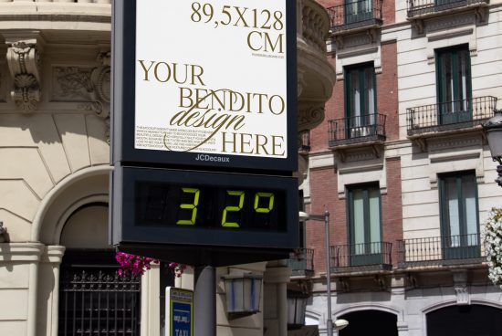 Outdoor billboard mockup in an urban setting displaying editable design space for advertising, with a digital clock reading 3:20 pm.