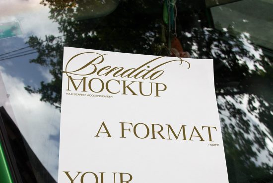 Elegant A Format poster mockup leaning on glass displaying refined typography, ideal for graphic designers seeking realistic mockup presentations.