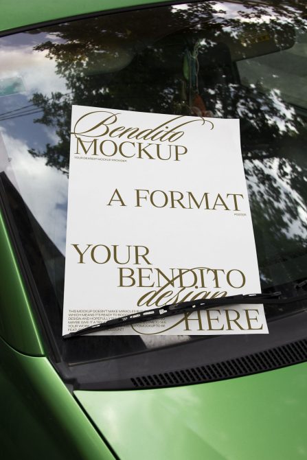 Elegant poster mockup on car windshield showcasing serif font and editable design, perfect for presentations and portfolio display for designers.