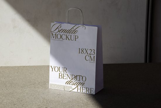 Paper shopping bag mockup in natural light, showcasing customizable design space for logos, with dimensions label, ideal for graphic designers.