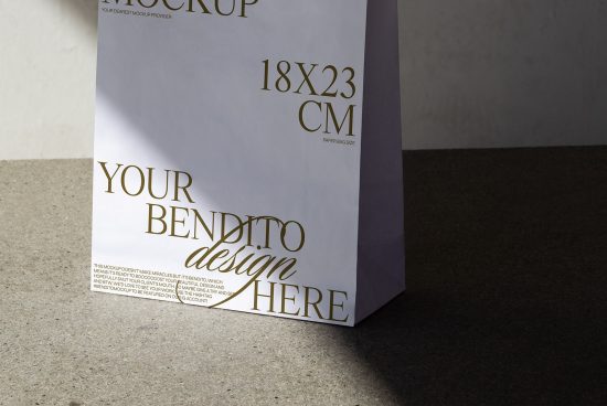 White paper bag mockup with customizable design area, natural shadow. Perfect for presentations of branding and packaging designs.