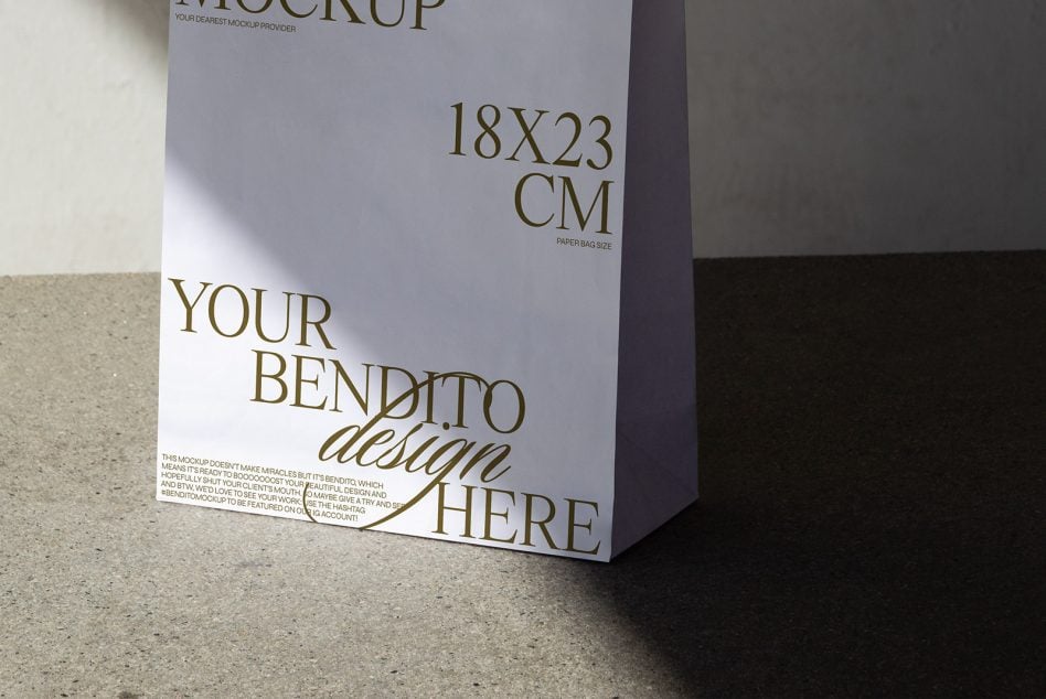 Standing white paper bag mockup showing side profile with clean minimalist styling