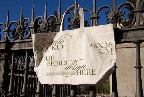 Tote bag mockup hanging on ornate iron fence for showcasing design, ideal for graphic presentations, outdoor mockups, and marketing materials.