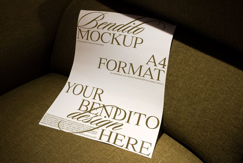 Printed paper mockup on a textured couch showcasing editable A4 design template, ideal for presentations, graphics, and portfolio.