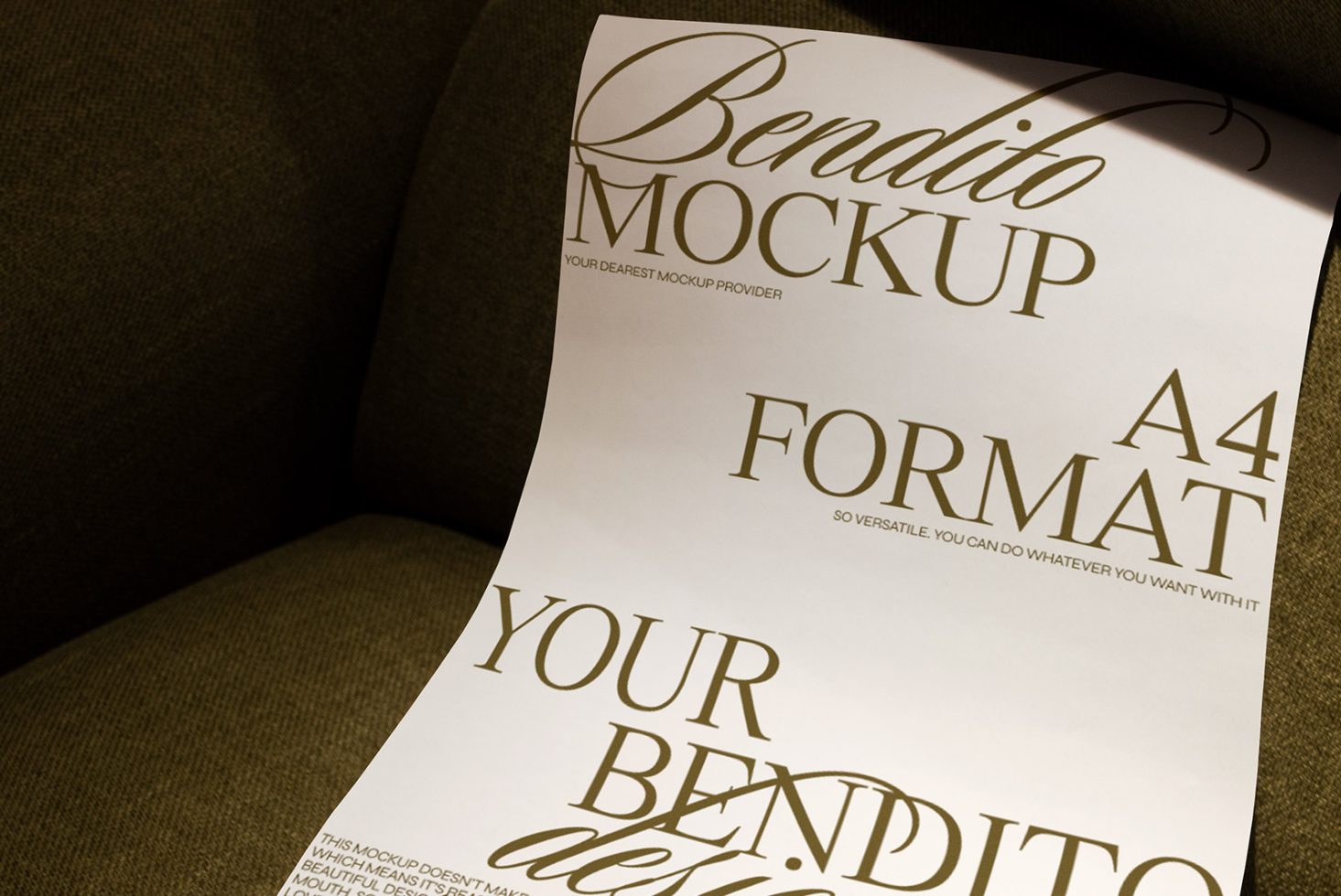 Printed A4 mockup sheet with elegant script typography lying on a textured brown surface, ideal for showcasing design presentations.