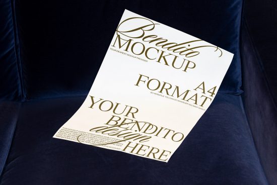 A4 paper mockup with elegant gold text on a dark blue chair showing design space, perfect for presentations and showcasing graphic templates.