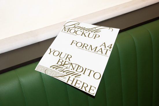 Elegant A4 paper mockup on leather seat, realistic presentation for print design, typography showcasing, luxurious corporate stationary template.