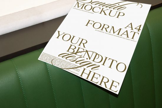 Professional A4 paper mockup lying on green leather surface for showcasing design templates and graphics by creatives.