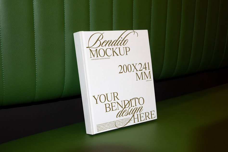 Bendito hardcover book mockup on green leather background showing spine detail