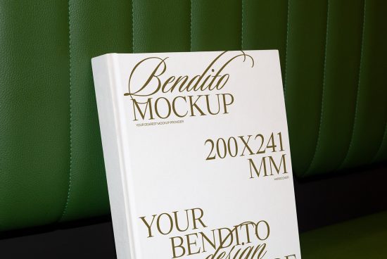Elegant book mockup with gold typography on a white cover against green leather seat background, perfect for graphic design presentations.